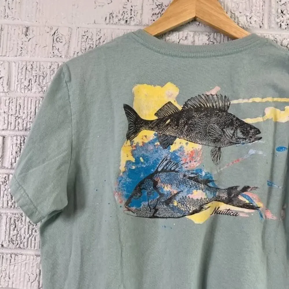Nautica Medium Teal Fish Shirt Classic Fit V-neck Fishing Tee - Picture 5 of 6
